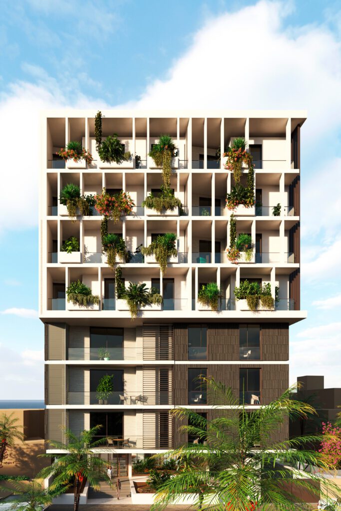 Façade nord de Makaan Oasis offrant une vue globale sur l'architecture extérieure de l'immeuble et les appartements à vendre