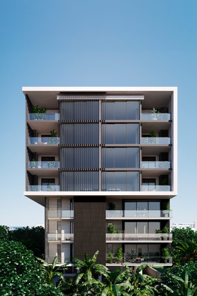 Façade sud de Makaan Oasis offrant une vue globale sur l'architecture extérieure de l'immeuble et les appartements à vendre
