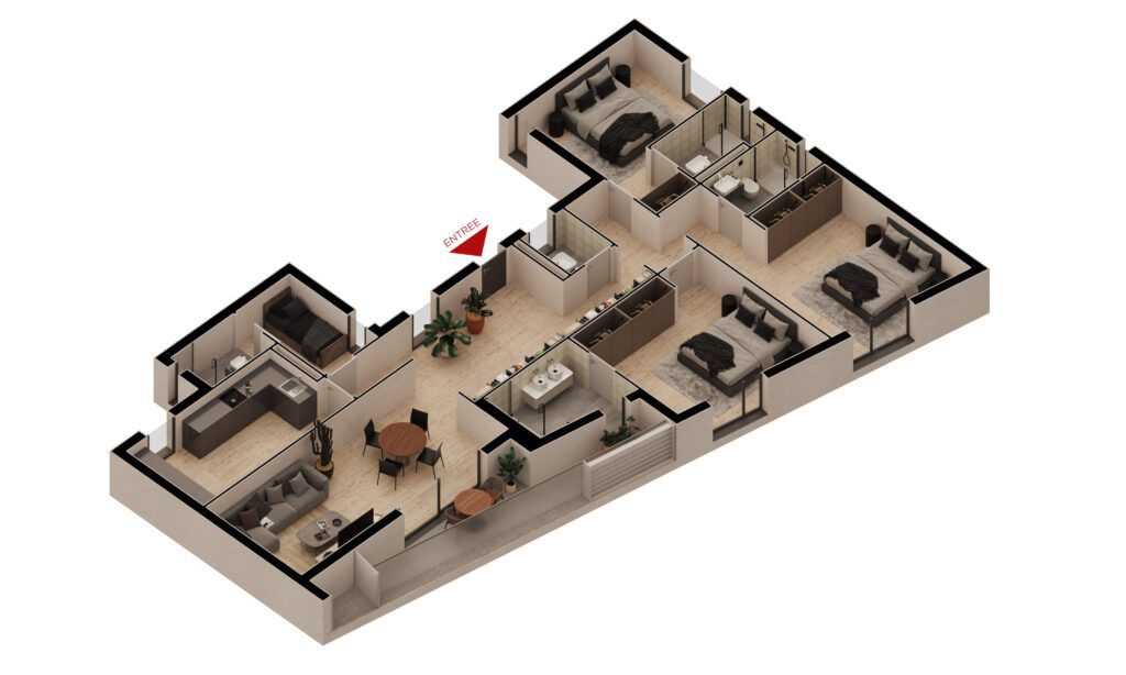 Maquette 3D de l'appartement F4A ELEGANCE de 160m² Makaan Oasis à vendre à Dakar, aux Almadies