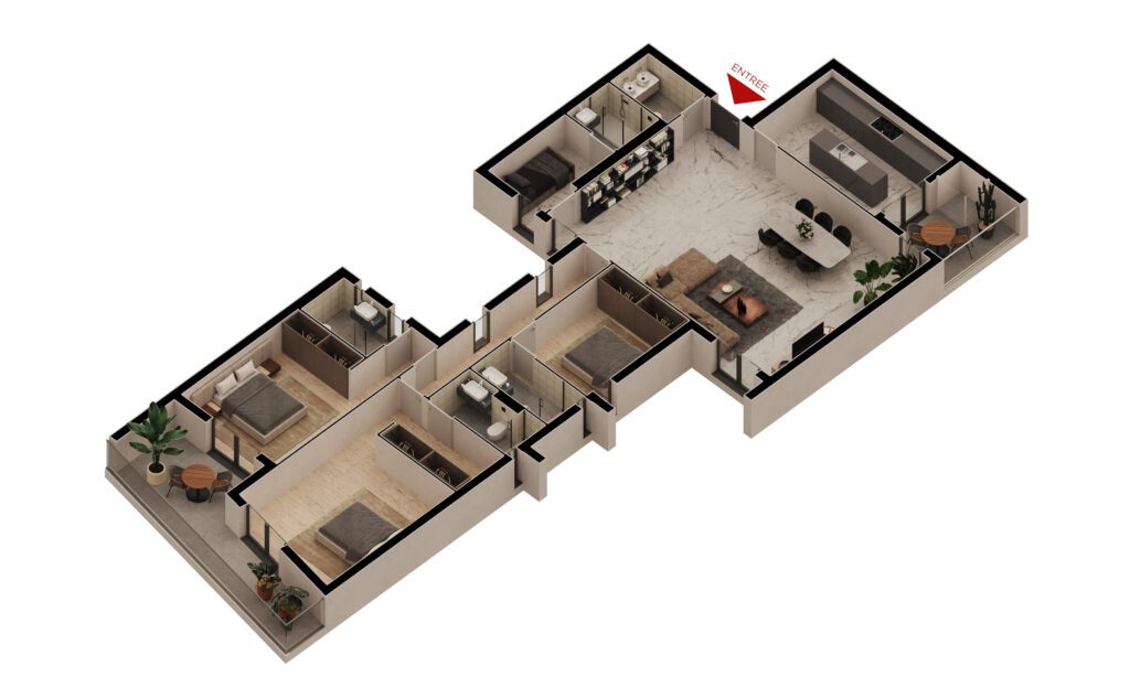 Maquette 3D de l'appartement F4C SERENITY de 186m² Makaan Oasis à vendre à Dakar, aux Almadies