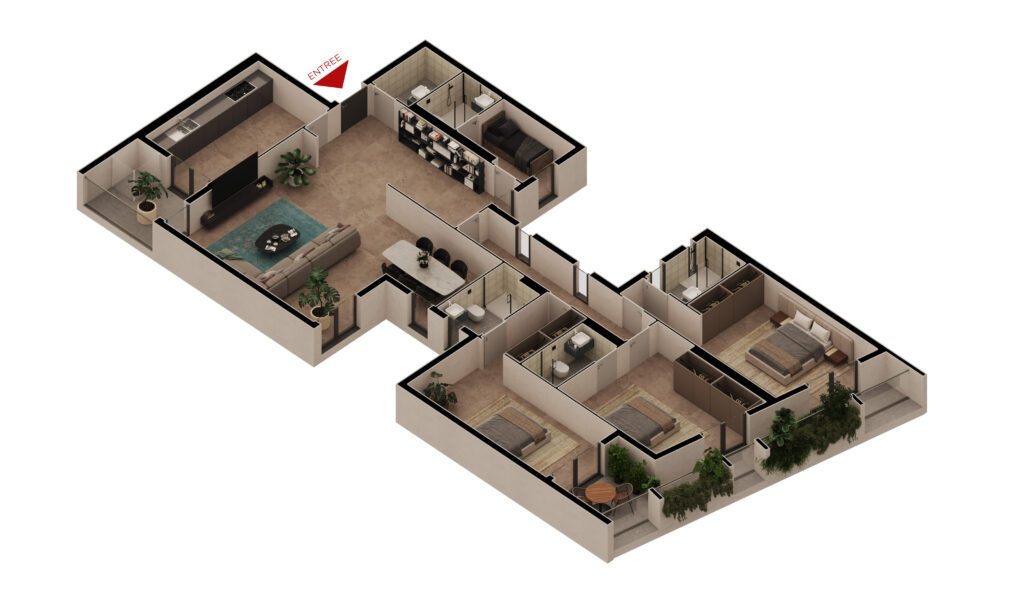 Maquette 3D de l'appartement F4D ZENITH de 200m² Makaan Oasis à vendre à Dakar, aux Almadies