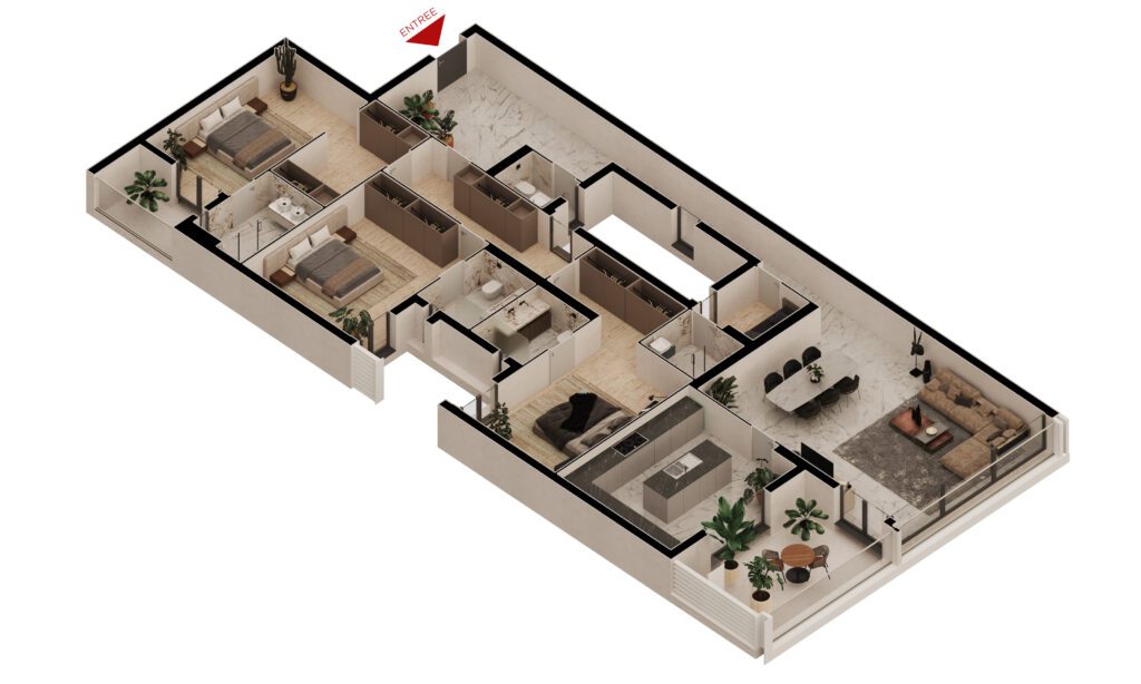Maquette 3D de l'appartement F4E AQUA de 228m² Makaan Oasis à vendre à Dakar, aux Almadies