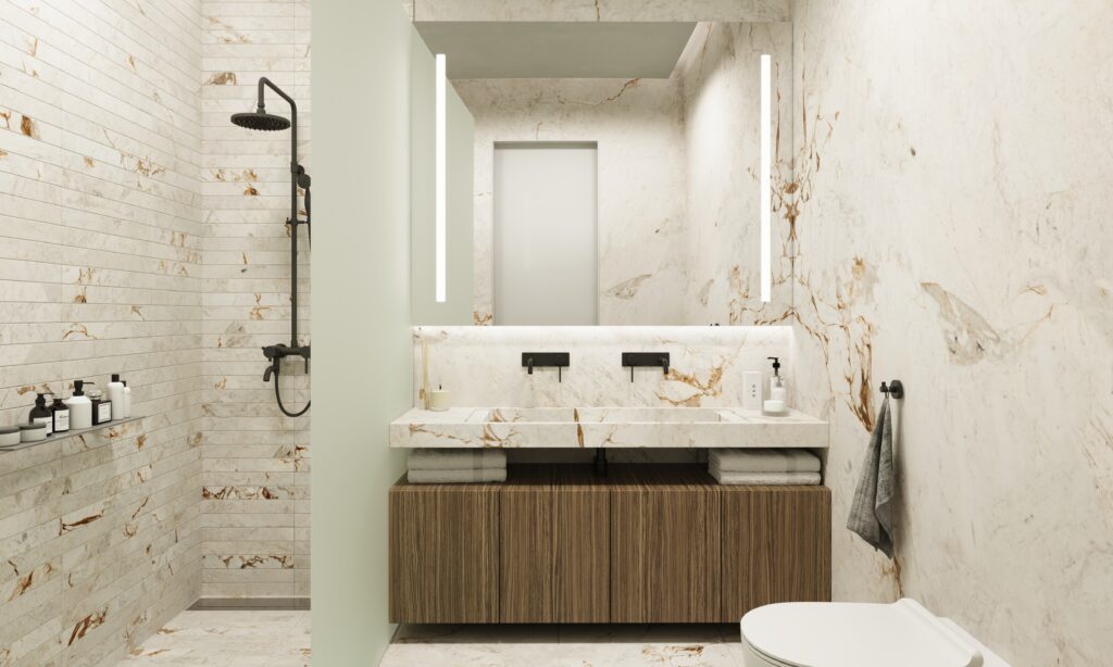 Image illustrative non contractuelle de la salle de bain d'un appartement de type F4 à la résidence Makaan Oasis
