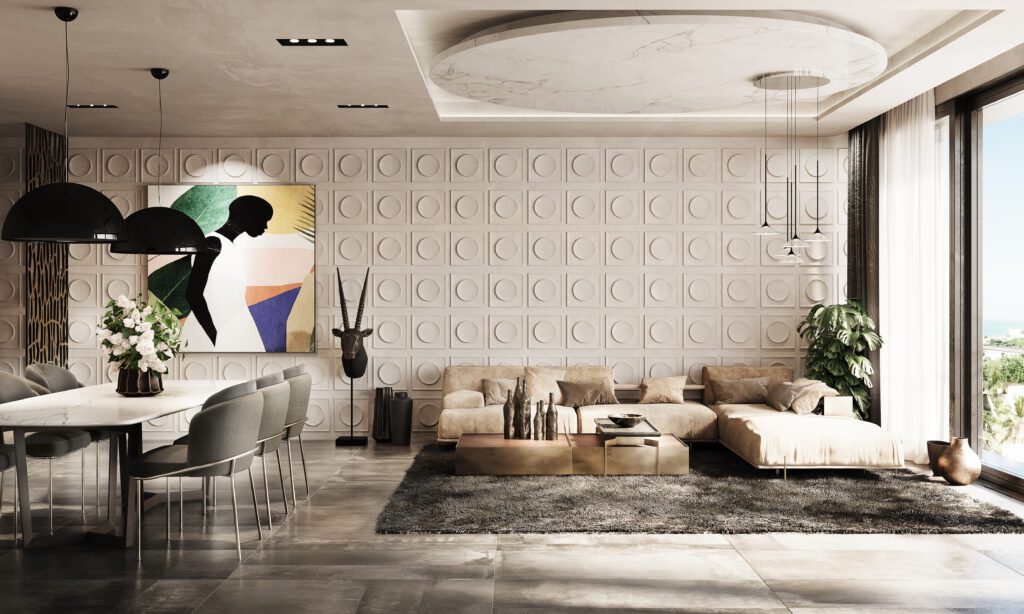 Séjour d'un appartement à vendre à Dakar de type F4 de la Résidence Makaan Oasis comprenant un salon spacieux et une table à manger 