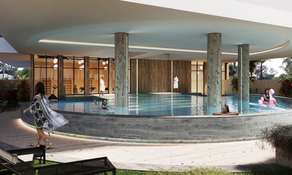 Image illustrative non contractuelle de la piscine semi-couverte à la résidence Makaan Oasis