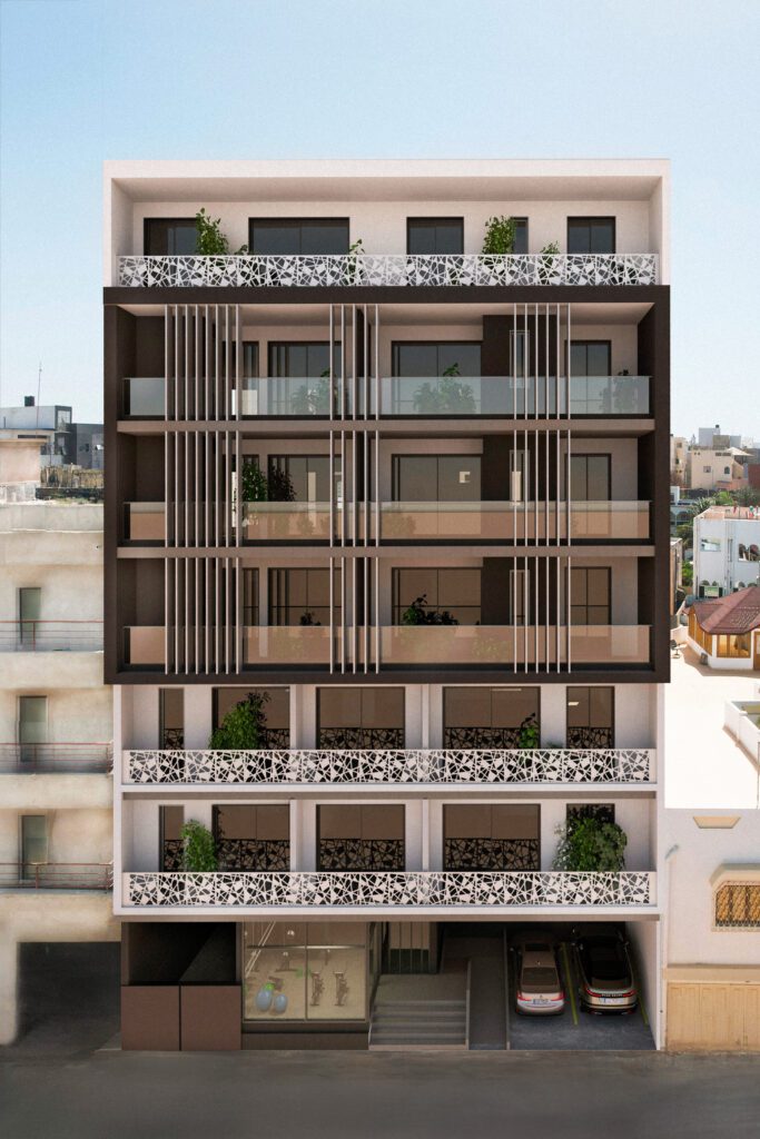 Façade nord de Safiétou offrant une vue globale sur l'architecture extérieure de l'immeuble et les appartements à vendre