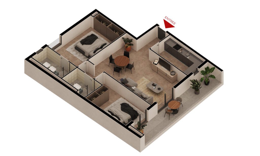 Maquette 3D de l'appartement F3C RUBIS de 97 m² Safiétou à vendre à Dakar sur Yoff
