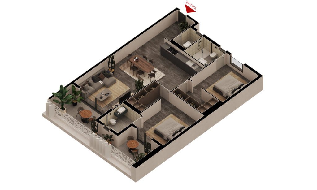 Appartement F3D SAFIYA - 127 m² Safiétou Maquette 3D de l'appartement F3D SAFIYA de 127 m² Safiétou à vendre à Dakar sur Yoff