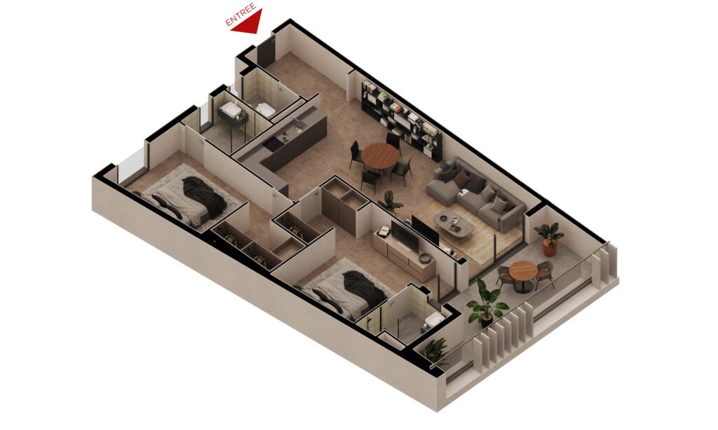 Maquette 3D de l'appartement F3E OPALE de 110 m² Safiétou à vendre à Dakar sur Yoff