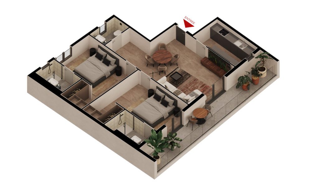 Maquette 3D de l'appartement F3F SAPHIR de 100 m² Safiétou à vendre à Dakar sur Yoff