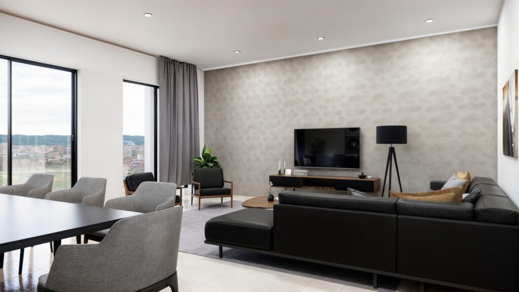 vue salon d'un appartement de la résidence Maasina