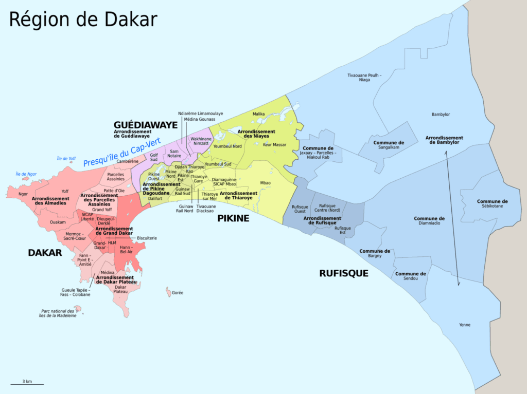 carte administrative de la région de dakar représantant les départements de Dakar, Pikine, Rufisque et Guédiawaye.