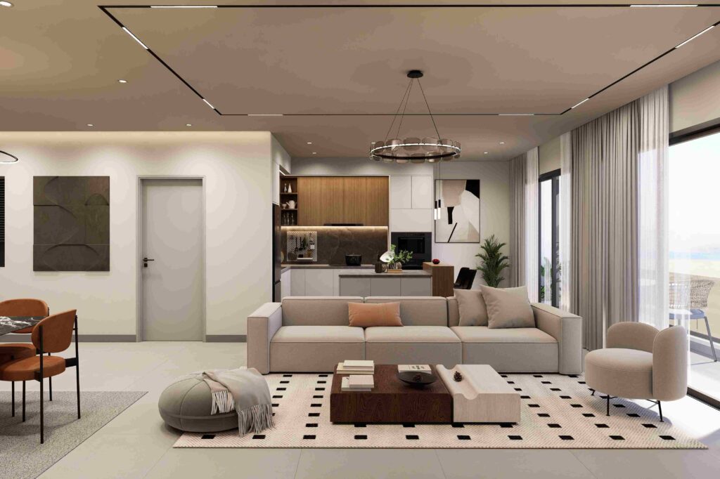 grand salon avec canapé, fauteuils et table base avec vue sur la cuisine ouverte