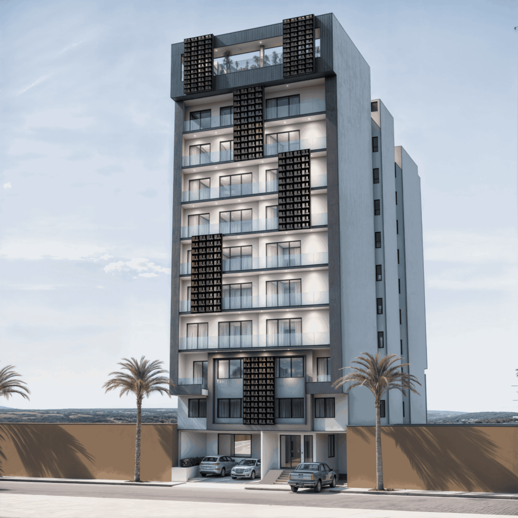 vue de la façade du projet maasina devant il y a des palmiers et des voitures