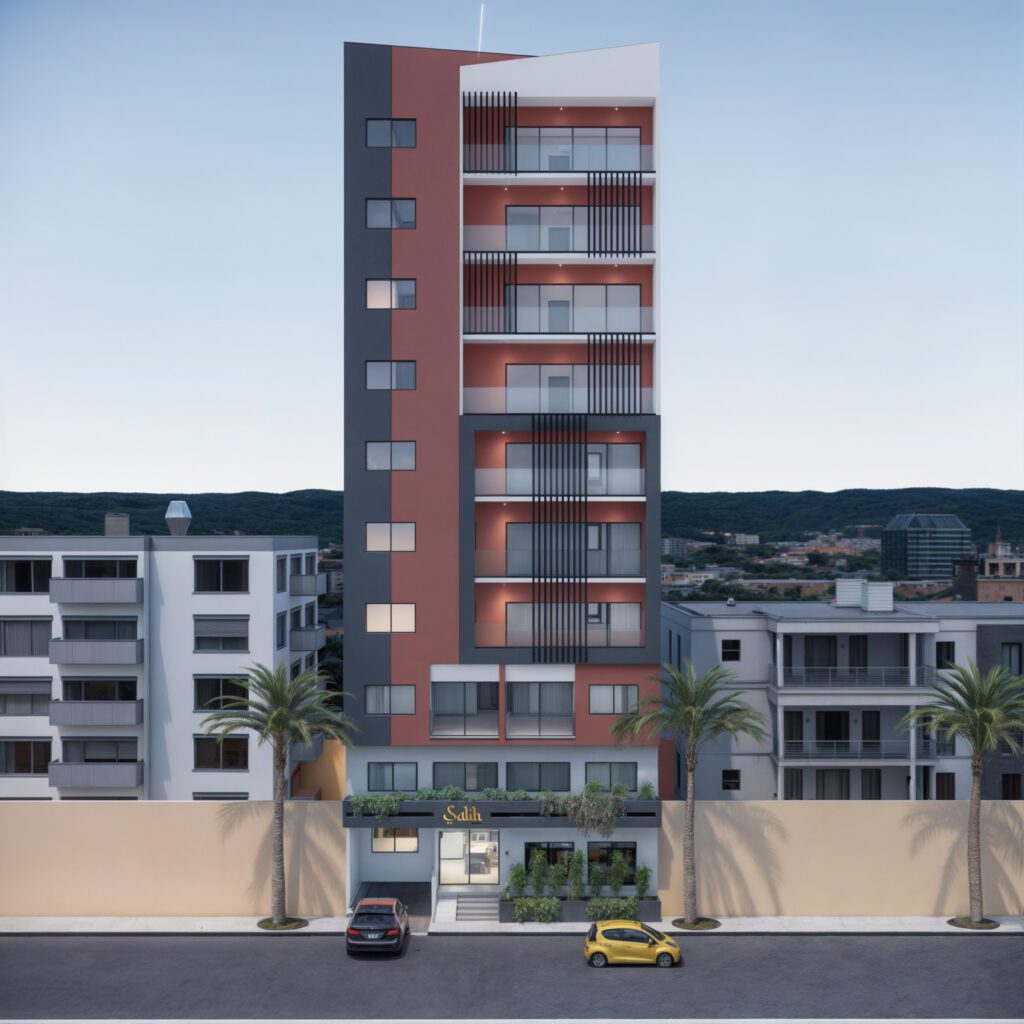 vue de la façade de la résidence Salih à Mermoz. Devant il y a des palmiers et des voitures.