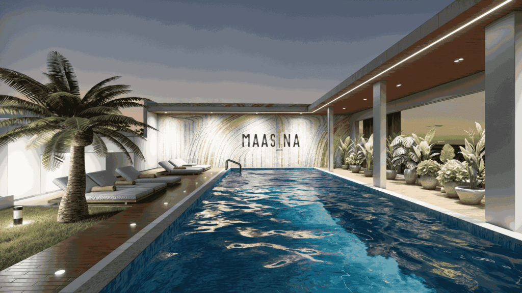 vue sur la piscine et les transats de la résidence maasina