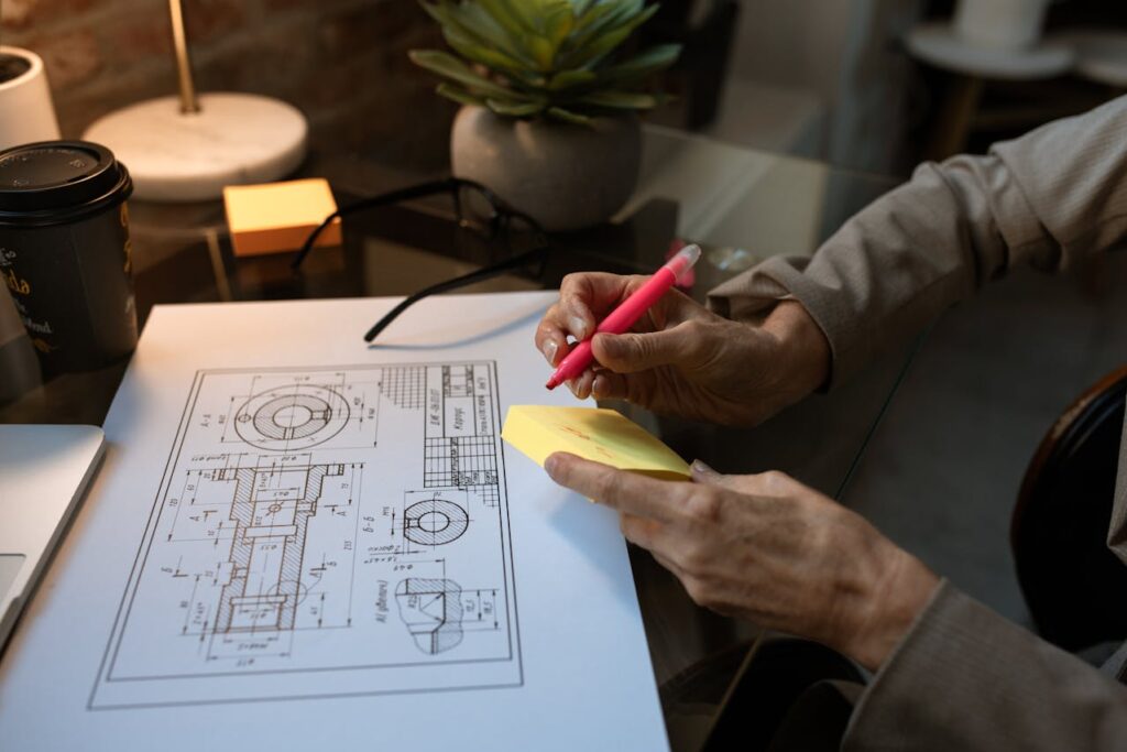 homme ou femme qui tient un stabilo et un bloc notes dans les mains devant un plan