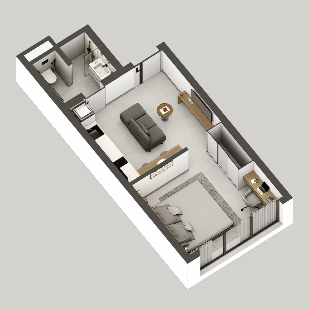 Plan 3D d'un studio moderne compact