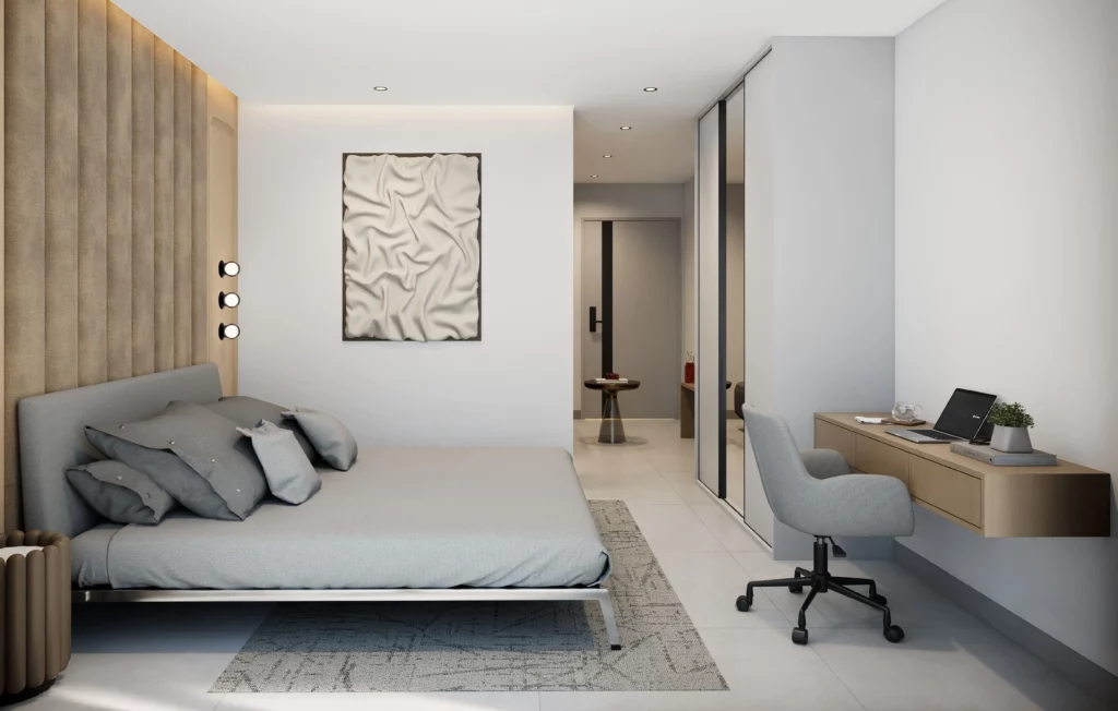 Chambre moderne minimaliste avec bureau et lit gris