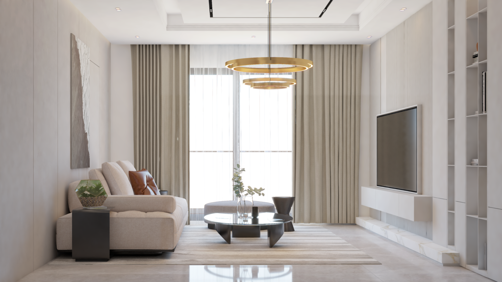 Salon aménagé avec une table basse, un canapé beige et une télévision. Appartement de type F4.